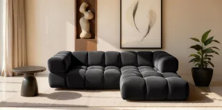 Ecksofa Designersofa BLANCHE in Stoff Bluvel Schwarz Ottomane Rechts