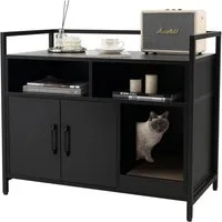 KOMFOTTEU Tierhaus 2 in 1 Katzenschrank Katzentoilette, mit Doppeltüren, Kratzbrett & 2 Fächern