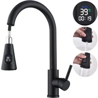 HOMELIVE Spültischarmatur mit brause ausziehbar 360° Küchenarmatur LED Digitalanzeige Hochdruck Wasserhahn Küche, Zweifunktionaler Wasserauslass,Schwarz