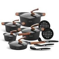 Edenberg Topf-Set Modernes Topfset, schwarze Töpfe, braune Griffe, Pfanne, Kasserolle, Keramik, Aluminium (Sehr hohe Qualität, 15-tlg., Zeitloses Design des Topfsets. Eine ideale Geschenkidee)