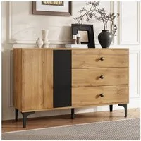 OKWISH Sideboard 120x35x76 cm mit Tür und 3 Schubladen – natur/schwarz (Packung, 1 St., mit Metallbeinen, moderner, minimalistischer Stil), Kontrastreiche Holzmaserung, mit praktischer Unterteilung