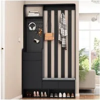 Celya Garderoben-Set Flurgarderobe mit gepolsterter Aufbewahrungsbank, (Waschküche, Schwarz,H180/B100/T35 cm, moderne Garderobe mit 4 Haken für Eingangsbereich), multifunktionaler Flur-Schuhschrank mit Stecktafel