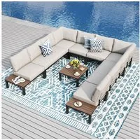 PHI VILLA Gartenlounge-Set, (Gartenmöbel Balkonmöbel mit Verstärkten Kissen und Kaffeetisch), Metall Lounge Möbel Outdoor Gartenlounge, Beige