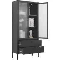 Mein-Regal Standvitrine PARIS Schwarz, Vitrine Metall Glastüren Schubladen stabil Hochschrank 180 cm
