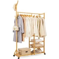 Yorbay Kleiderständer Garderobenständer aus Bambus, (mit Rollen, mit Kleiderstange, 3 Ablagen und 6 Kleiderhaken), Kleiderständer 100 x 38 x 176 cm für Flur, Wohnzimmer, Schlafzimmer