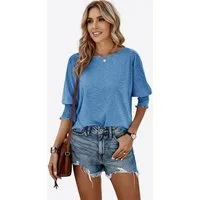Imily Bela T-Shirt Damen Locker mit 3/4-Ärmeln und gerafften Bündchen (Packung, 1-tlg., 1per-Pack) mit Rundhalsausschnitt in Unifarbe
