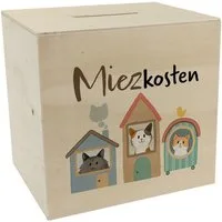 speecheese Spardose Katzen Spardose aus Holz mit Spruch Miezkosten