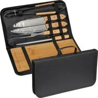 Macma Schneidebrett BBQ Set / mit Holzbrett, Messern, Grillzange, Fleischgabel, Messerschä