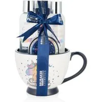 BRUBAKER Pflege-Geschenkset Einhorn Dusch- und Badeset Vanille & Lavendel Duft, 5-tlg., Frauen Geschenkset in XXL Kaffeebecher, Pflegeset für Damen