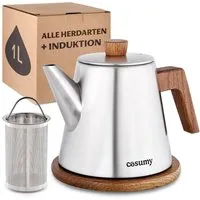 Cosumy Teekanne mit Siebeinsatz und Untersetzer - Edelstahl & FSC Holz - Induktion, 1,2 l, (Set, 1-St., Teekanne mit Siebeinsatz und Untersetzer), Kanne mit Sieb für Tee - Induktion - Tropffrei - Hält lange warm