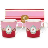 PiP Studio Becher Love Birds Medallion Red-Pink Henkelbecher Large 0,25l Set2, Porzellan
