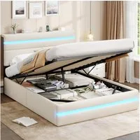 MSMASK Polsterbett mit Hydraulischem Stauraum, LED-Kopfteil & Ladestation (Ohne Matratze), Doppelbett, Jugendbett mit Lattenrost 140x200cm
