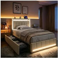 PXloue Polsterbett LED Doppelbett 140x200cm mit Ladefunktion und 4 Schubladen Polsterbett (Geeignet für Jugendliche und Erwachsene), Stauraumbett, mit RGB-LED, Lattenrost und praktischen Schubladen