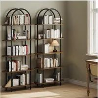 GarveeMore Standregal Bücherregal in Bogenform aus Metall und MDF mit 5 Ablagen, 2-tlg., Schwarz und Vintage Holzoptik, ca. 80 × 30 × 180 cm