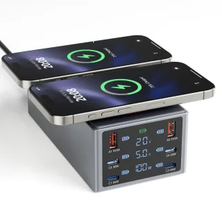 Bakeey HHW-A10 220W 8-in-1 USB PD Charger with LED Screen Display 2USB-A+4USB-C+2 Wireless Charger Support PD QC3.0 Fast
