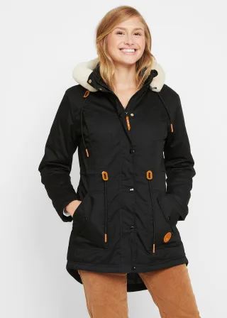 bonprix Wattierter Parka mit Fellimitat-Besatz, schwarz, Gr.46, Wattierter Parka mit Kapuze, abnehmbarer Fellimitat-Besatz, 55% Baumwolle