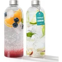 FIVMEN Trinkflasche Glasflaschen mit Deckel Bottle Luftdicht Glaswasserflasche 1000ml, 2/4/6er Glaswasserflasche Glastrinkflasche Saftflaschen inkl Bürste