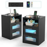 oyajia Nachtkommode Nachttisch mit einstellbarer LED-Beleuchtung, Steckdosen (2 St), Nachtschrank Beistelltisch mit 2 Schubladen und 1 offener Ablage