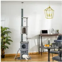 PawHut Kratzbaum Katzenbaum Deckenhoch Kletterbaum mit Katzenspielzeug, Sisal Plüsch Hellgrau höhenverstellbar 60 x 40 x 225-255 cm