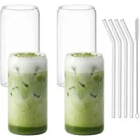 mixed24 Gläser-Set 4er Set Gläser 500ml inkl. Glashalm Dosenform, ideal für Iced Matcha Latte, Latte Macchiato, Cocktails, Smoothies