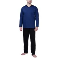 Moonline Pyjama Schlafanzug lang, 100% Baumwolle mit V-Ausschnitt und Streifen-Design