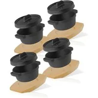 BBQ-Toro Serviertopf Mini Dutch Oven (4 Stück), Ø 11 cm, Gusseisen Topf mit Holzunterlage, Gusseisen (Set)