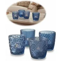 LS-LebenStil Teelichthalter 4´er Set Teelichtgläser Retro Blau 7cm Glas Windlicht (4´er Set Kristall Ornament Windlicht für Teelichter, 4 St., Halter Kerzenständer Tischdeko Kerzenhalter Gläser für Teelichter), 7x7cm, 4´er Set Kristall Ornament Windl