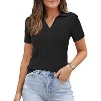 Arach&Cloz Poloshirt Damen Wollmischung Poloshirt Kurzarmpullover Strickpullover Volltonfarbe V-Shirt Tops Business Casual Kurzarmshirt Wollpullover