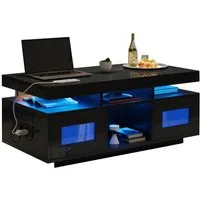 Merax Couchtisch hochglanz Sofatisch mit LED-Beleuchtung & USB-Ladeanschluss (1-St., 100×50×43cm), Beistelltisch Wohnzimmertisch mit 2 Türen und mehr Ablagefächern