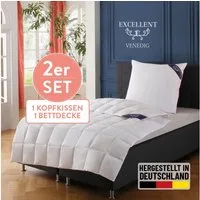 Excellent Daunenbettdecke + 3-Kammer-Kopfkissen Venedig, 2-tlg, hergestellt in Deutschland, verschiedene Größen, Füllung: Bettdecke: 90% Daunen, 10% Federn, Bezug: 100% Baumwolle, Decke mit Kissen,Set, Sommer, Winter, Bettdecke 135x200 cm, 155x220 cm