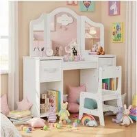TLGREEN Schminktisch Kinderschminktisch 2 in 1,mit Abnehmbarem Spiegel (108x30x114 cm), Schminktisch Mädchen,Schreibtisch mit Hocker