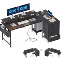 ODK Eckschreibtisch L-Form mit 4 Schubladen, 2 USB Ladeanschlüssen & 2 Steckdosen
