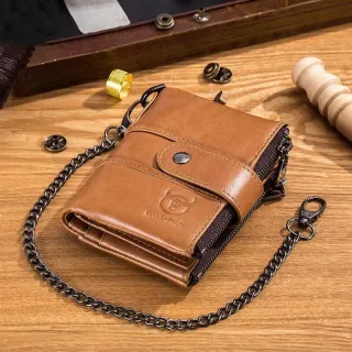 BULLCAPTAIN Cow Leather Men Wallet Short with Chain Multi Card Slot Double Zipper Business Retro Coin Purse Holder Credi