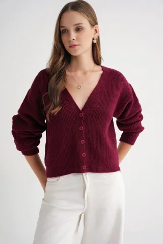 Texturierter V-Ausschnitt Knopf-Cardigan