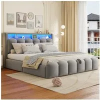 MODFU Polsterbett mit hydraulischem Stauraum (Doppelbett mit USB-C & LED-Beleuchtung, Stauraumbett 180x200 cm), Inklusive Matratze