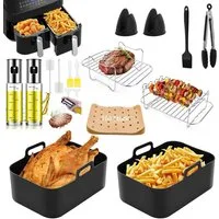 Refined Living Backform Airfryer Zubehör 9-tlg Set + 2er Öl-Sprüher Set, BPA-frei, (Heißluftfritteuse Zubehör Set,Silikonformen, Öl Sprühflasche,Ölpumpe,Essig Sprüher,Öl Flasche für Küche, 100 Blatt Fettfreies BackpapierEdelstahl Rack, Spieße, Fritte