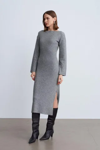 Rippstrick Bodycon Midi Kleid mit Schlitz