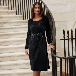 Samtkleid mit Bindegürtel, Damen,  Schwarz, Polyester-Mischung, by Lands' End