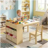 TLGREEN Kindertisch Kindermaltisch mit 2 Stühlen (Maltisch Schreibtisch mit Papierrolle und 4 Aufbewahrungskiste, Zeichentisch 100kg Belastbarkeit für Malen/Lernen), Maltisch Kindersitzgruppe mit Stauraum