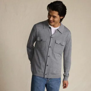 Jersey-Sweaterjacke mit Brusttaschen, Herren,  Grau, Wolle/Polyester/Polyacryl, by Lands' End