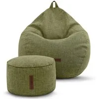 Green Bean Sitzsack Indoor Sitzsack L Home Linen + Hocker (2er Set Indoor Sitzsack 80x90x50cm + Sitzpouf 45x25cm mit EPS-Perlen Füllung -, Fußhocker Fußkissen Sitz-pouf Bodenkissen Liegekissen), Sitzkissen Lounge Chair Sitzhocker Relax-Sessel Bean Ba
