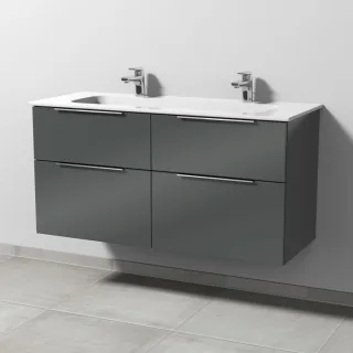 Sanipa 3way Keramik-Set Design Keramik-Doppelwaschtisch und Unterbau mit 4 Auszügen, Anthrazit-Glanz UF48379