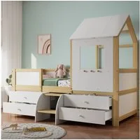 Flieks Hochbett Kinderbett Hausbett 90x200cm mit 4 Schubladen und kleine Treppe