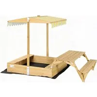 needs&wants® Sandkasten mit Picknicktisch Abdeckung Dach Deckel Boden Bänken, Sandkiste Holz, quadratisch klappbar verschließbar Garten, UV-Sonnenschutz, weiß braun