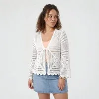 OriginalYou Strickjacke Cardigan leichte Sommerjacken Damen mit Schnürung Häkeljacke modernes Häkelmuster, weiter Ärmelabschluss, Gr. 42-46, mit Bindeband