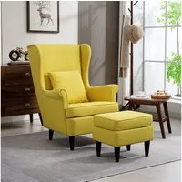 HOMCOM Relaxsessel Leinenoptik Lendenkissen Loungesessel (Set, 2-St., bestehend aus Sessel und Hocker), für Wohnzimmer Schlafzimmer Gelb