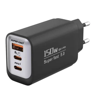 150W 3-Port USB PD Charger USB-A+2USB-C PD QC3.0 Fast Charging Wall Charger Adapter EU Plug for iPhone 17 17Pro Max 16 1