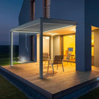 Pergola mit Beleuchtung an Pfosten und Dach, Anbaupergola mit LED-Leiste, Aluminium, Gestell Anthrazit, 1000x1600 mm, individuell konfigurieren