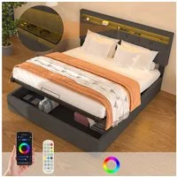 oyajia Stauraumbett LED hydraulisches Doppelbett (Leinenmaterial Polsterbett mit mit Lattenrost und Ladefunktion), Typ-C, USB-A, 2 Steckdosen,mit RGB Beleuchtung