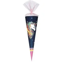 Nestler Schultüte Regenbogen Mähne mit Glitzer, 85 cm, eckig, mit rosafarbigem Organzaverschluss, Einhorn-Motiv